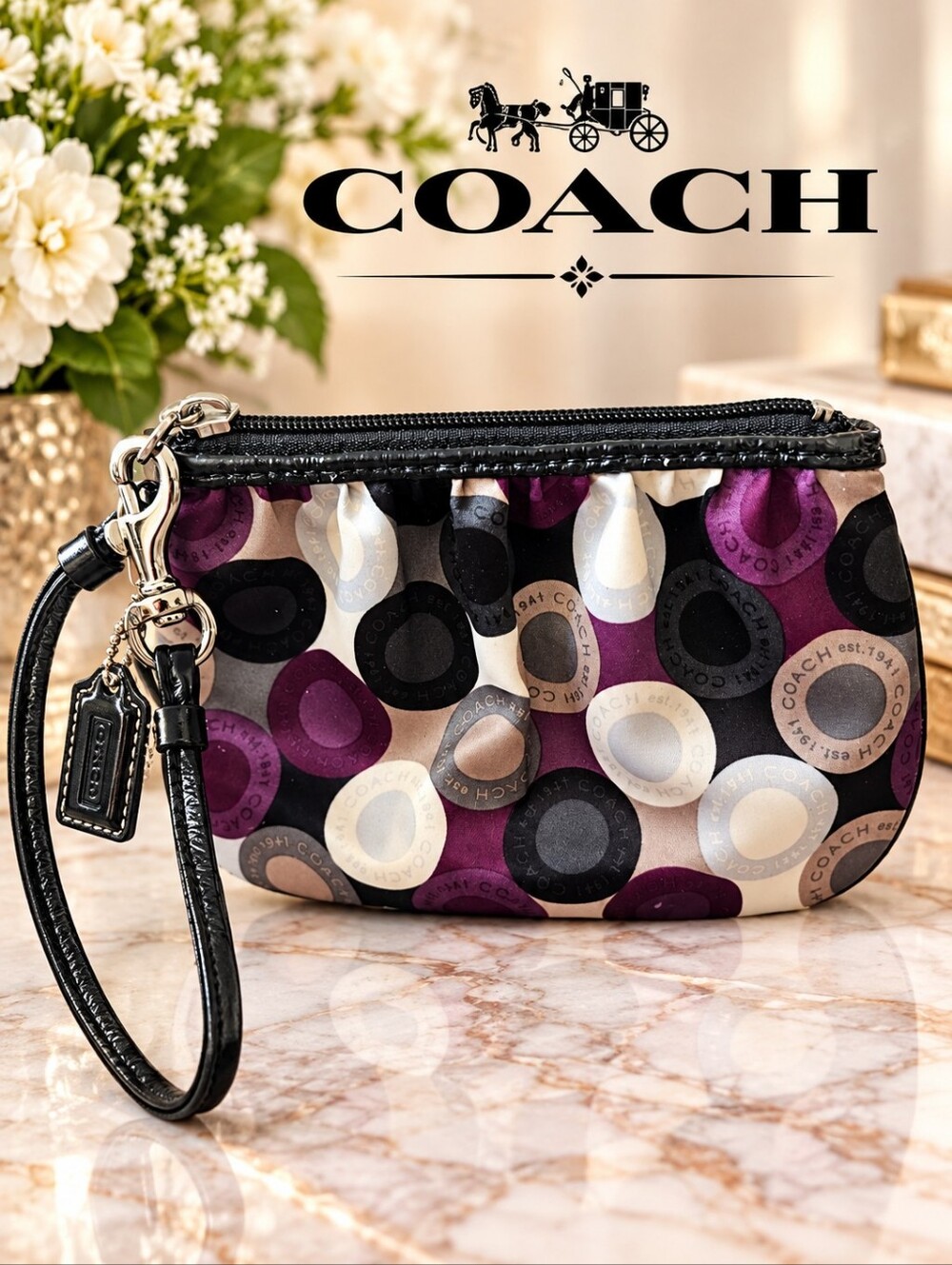 Coach Op Art Print Satin Wristlet – Black, Purple & Gray Like EUC!!